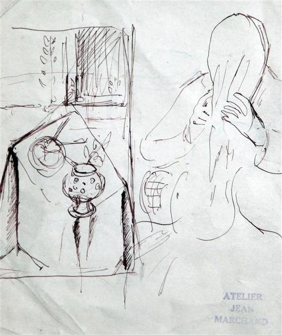 Jean Marchand (1883-1940) pen and ink study of a figure at a table with Atelier stamp, a landscape and 3 figure studies, largest 8 x 10